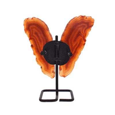 Butterfly with wings of polished slices of natural brown agate gemstone and black metallic body. The butterfly has a height of 14m.