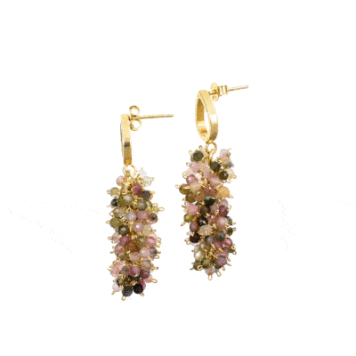 Handmade earrings made of natural, faceted, multicolored tourmaline gemstones and gold plated sterling silver. 