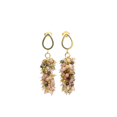 Handmade earrings made of natural, faceted, multicolored tourmaline gemstones and gold plated sterling silver. 