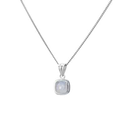 Handmade pendant made of sterling silver and natural, square shaped white labradorite gemstone. The pendant is threaded on a sterling silver chain.