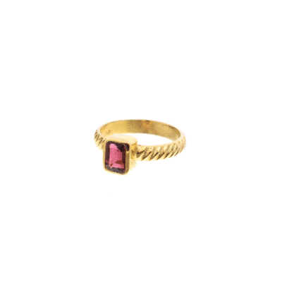 Handmade gold plated sterling silver ring with natural, paralleloram shaped pink tourmaline gemstone. 