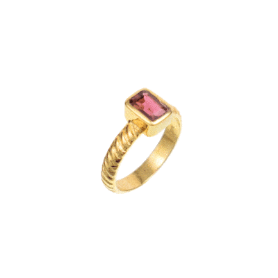 Handmade gold plated sterling silver ring with natural, paralleloram shaped pink tourmaline gemstone. 