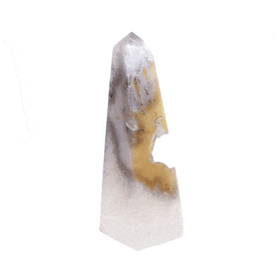 Polished 12.5cm obelisk made from natural agate gemstone with crystal quartz.