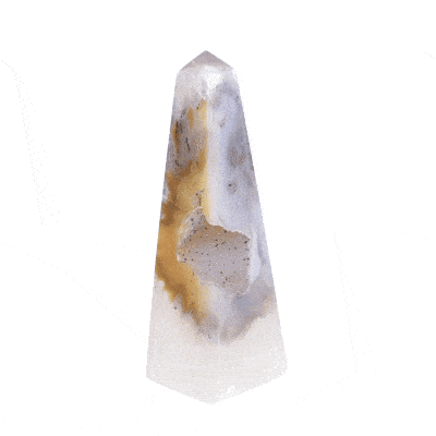 Polished 12.5cm obelisk made from natural agate gemstone with crystal quartz.