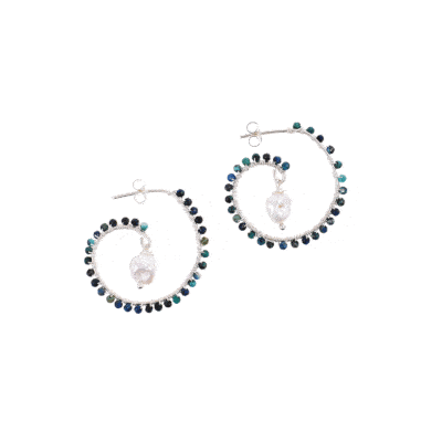 Handmade loop-style earrings made of natural spherical shaped chrysocolla gemstones, natural pearls, and sterling silver.