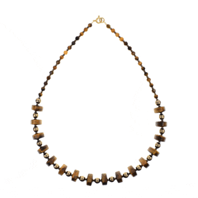 Handmade necklace made of natural, spherical and grommet shaped tiger's eye and pyrite gemstones. The necklace has a gold plated sterling silver clasp. 