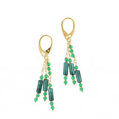 Handmade, long earrings made of natural spherical shaped green agate gemstones, cylindrical shaped malachite gemstones and gold plated sterling silver.