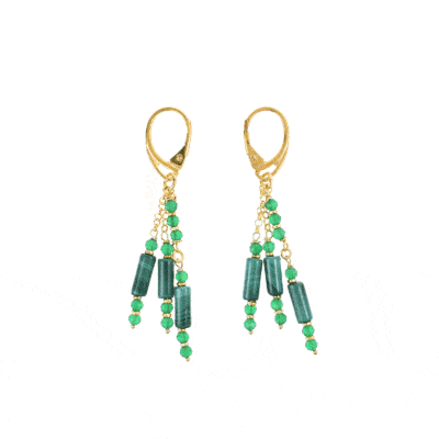 Handmade, long earrings made of natural spherical shaped green agate gemstones, cylindrical shaped malachite gemstones and gold plated sterling silver.