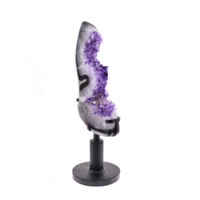 Polished 20cm piece of natural amethyst gemstone. The Amethyst comes with a black, metallic, rotating base.