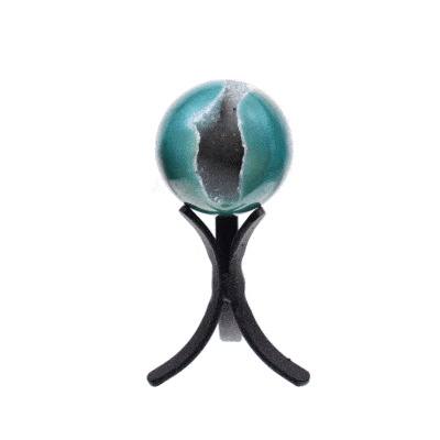 Polished 5cm diameter sphere made from natural green agate gemstone with crystal quartz. The sphere comes with a black, metallic base.