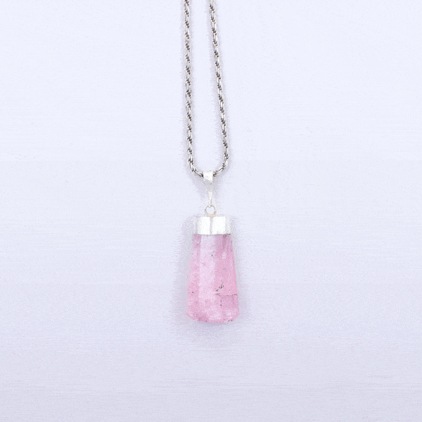 Handmade sterling silver necklace with natural, rough pink tourmaline gemstone. 