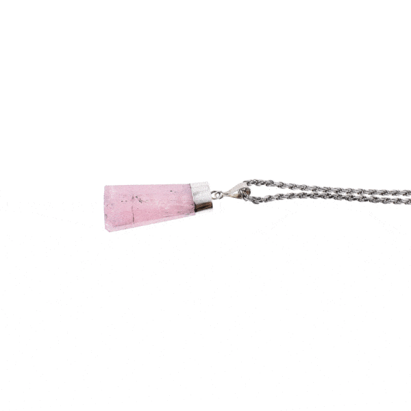 Handmade sterling silver necklace with natural, rough pink tourmaline gemstone. 