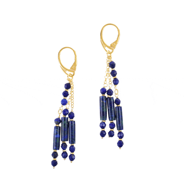 Handmade, long earrings made of natural spherical shaped lapis lazuli gemstones, cylindrical shaped azurite-malachite gemstones and gold plated sterling silver.