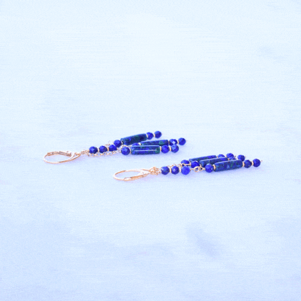 Handmade, long earrings made of natural spherical shaped lapis lazuli gemstones, cylindrical shaped azurite-malachite gemstones and gold plated sterling silver.