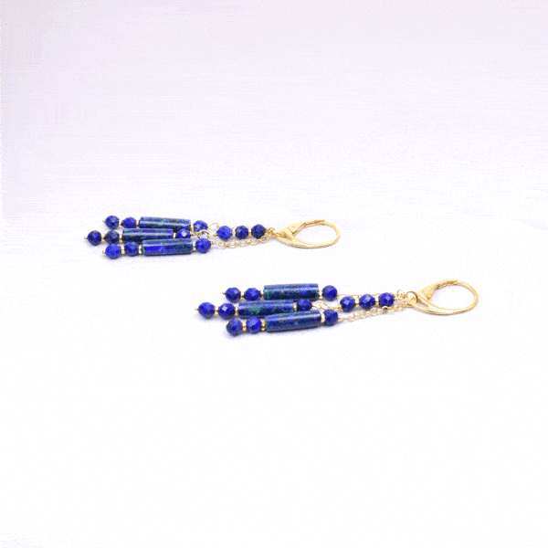 Handmade, long earrings made of natural spherical shaped lapis lazuli gemstones, cylindrical shaped azurite-malachite gemstones and gold plated sterling silver.