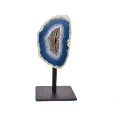 Natural blue agate geode gemstone with crystal quartz, embedded into a black metallic base. The product has a height of 11.5cm. 