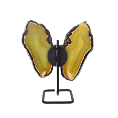 Butterfly with wings of polished slices of natural green agate gemstone and black metallic body. The butterfly has a height of 15m.