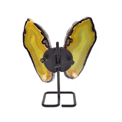 Butterfly with wings of polished slices of natural green agate gemstone and black metallic body. The butterfly has a height of 15m.